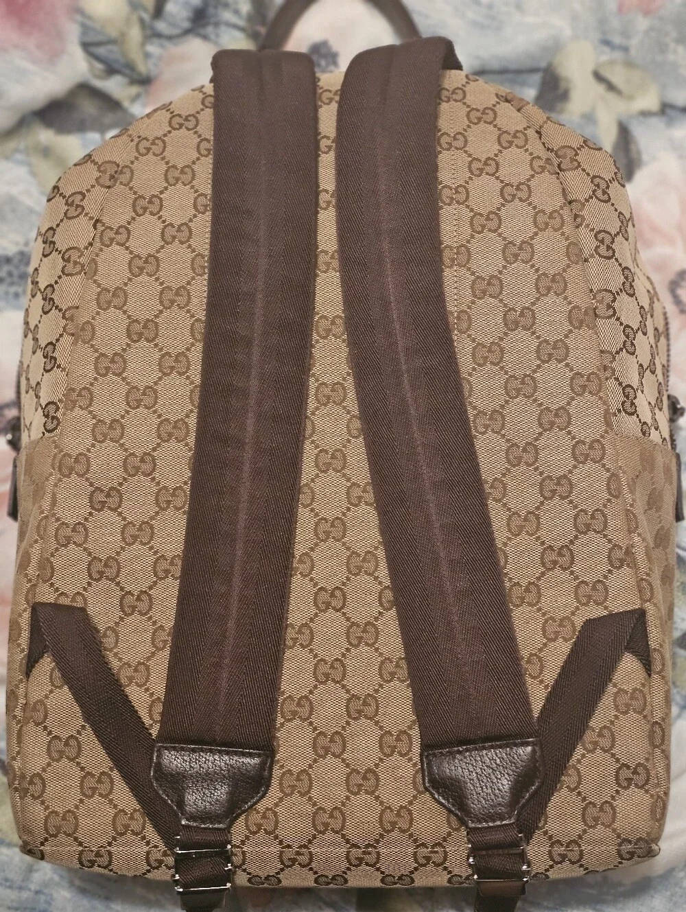 Gucci Beige GG Canvas Backpack with Green and Red Stripe